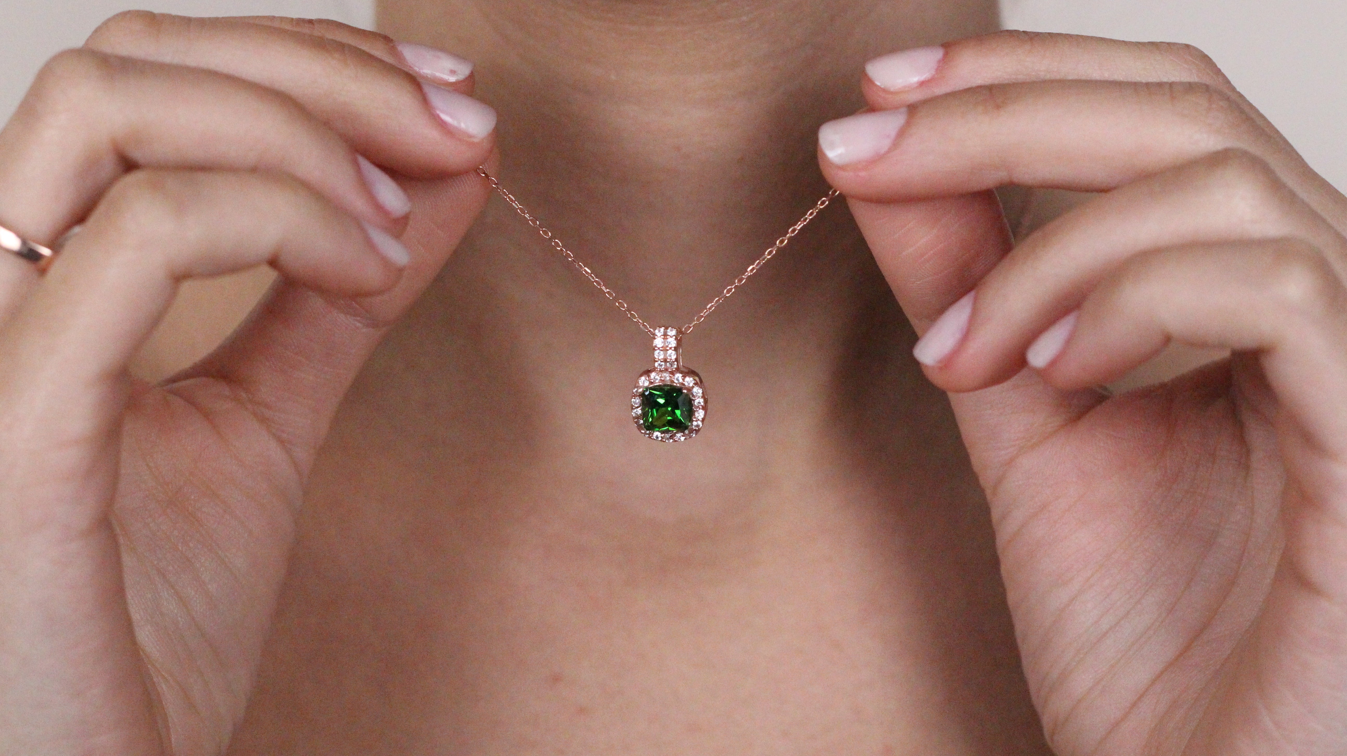 Cushion Cut CZ Emerald Rose Pendant | Halo Necklace | Gift for Her
