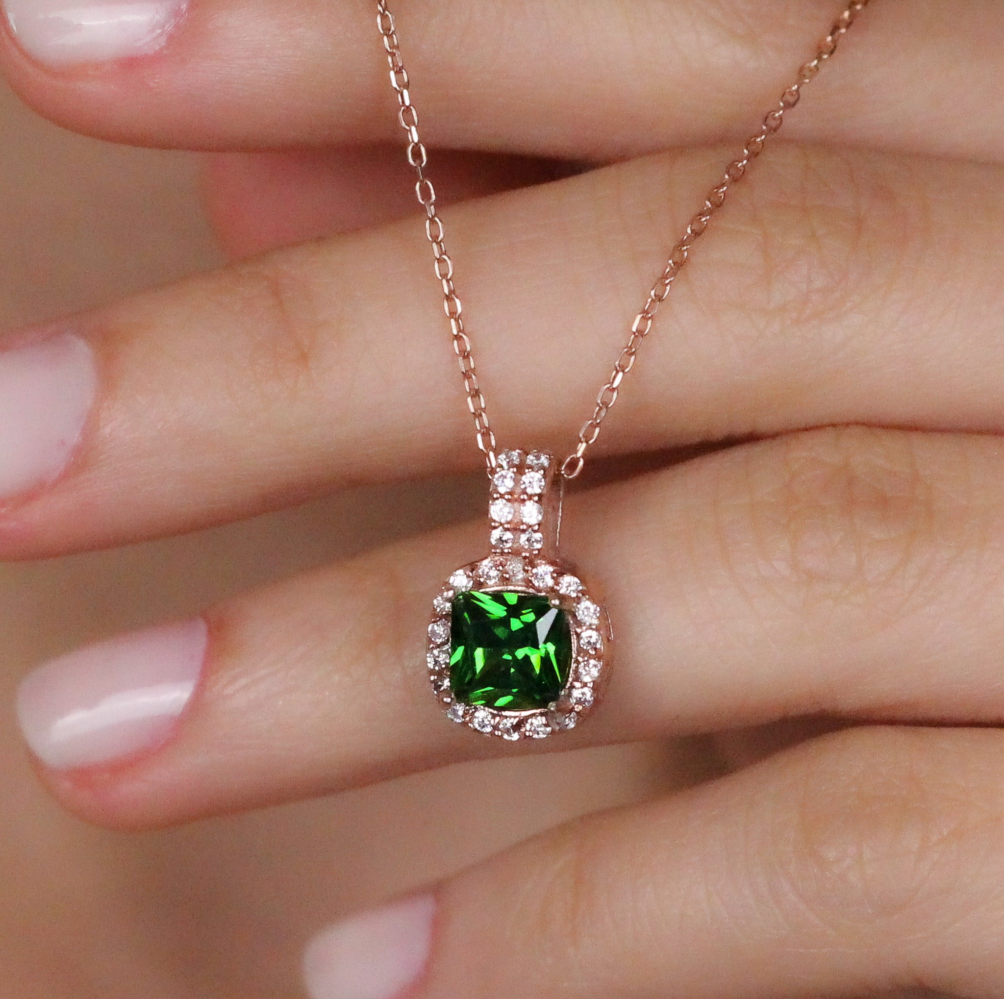 Cushion Cut CZ Emerald Rose Pendant | Halo Necklace | Gift for Her