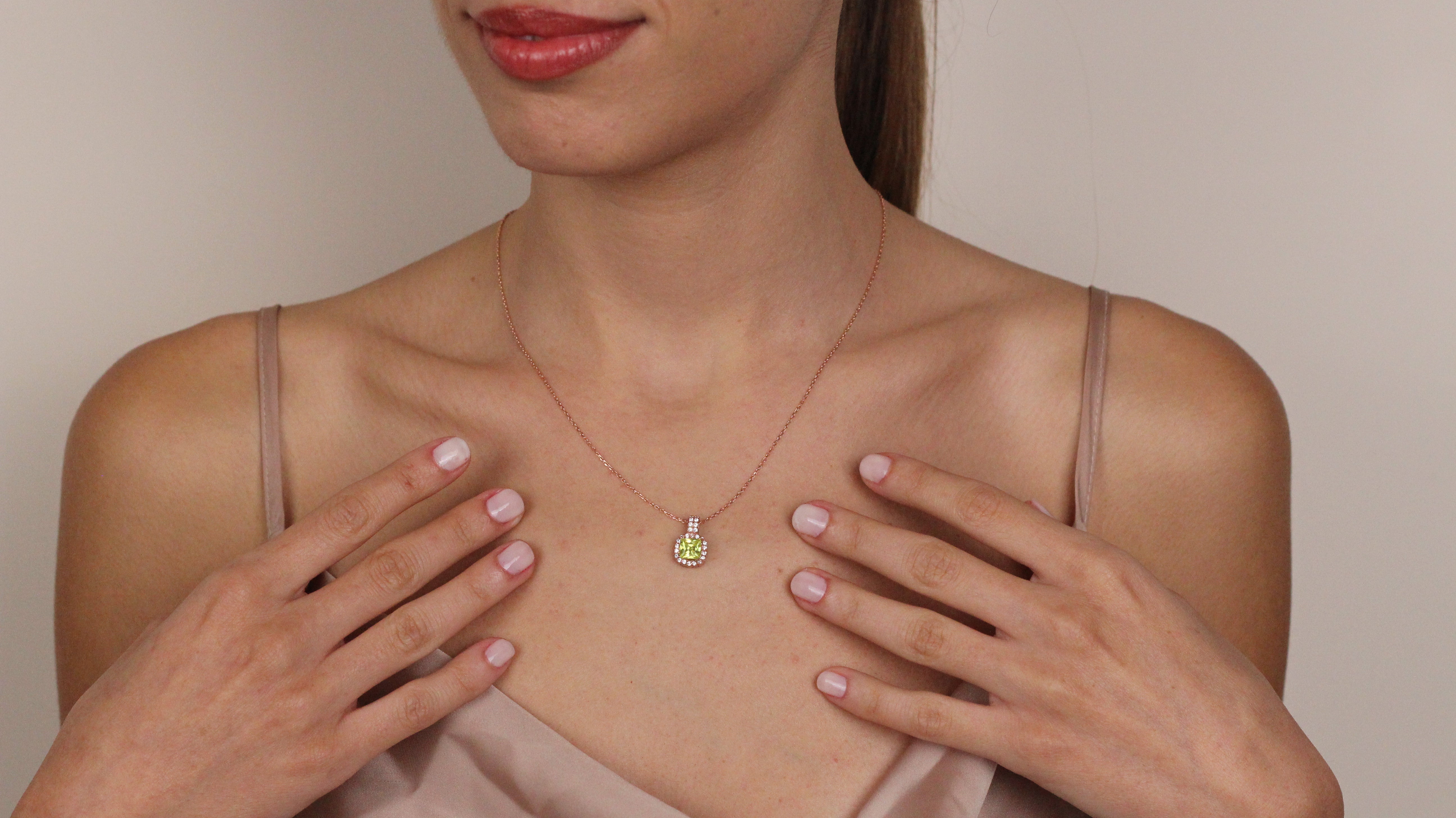 Cushion Cut CZ Green Sapphire Rose Pendant | Halo Necklace | Gift for Her