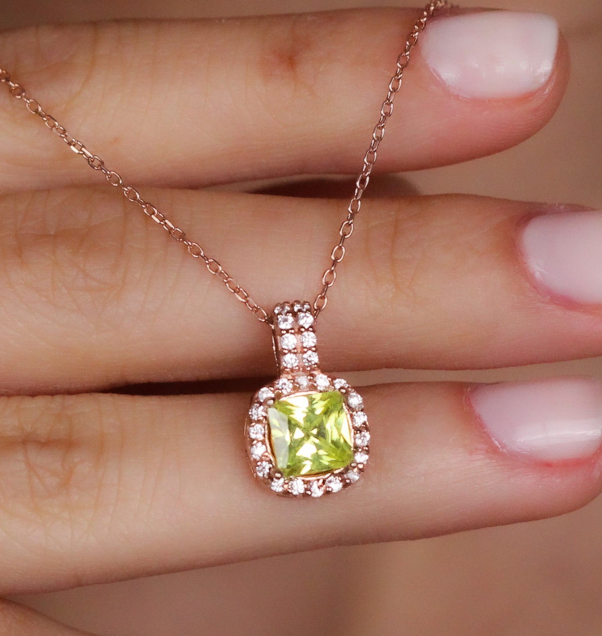 Cushion Cut CZ Green Sapphire Rose Pendant | Halo Necklace | Gift for Her