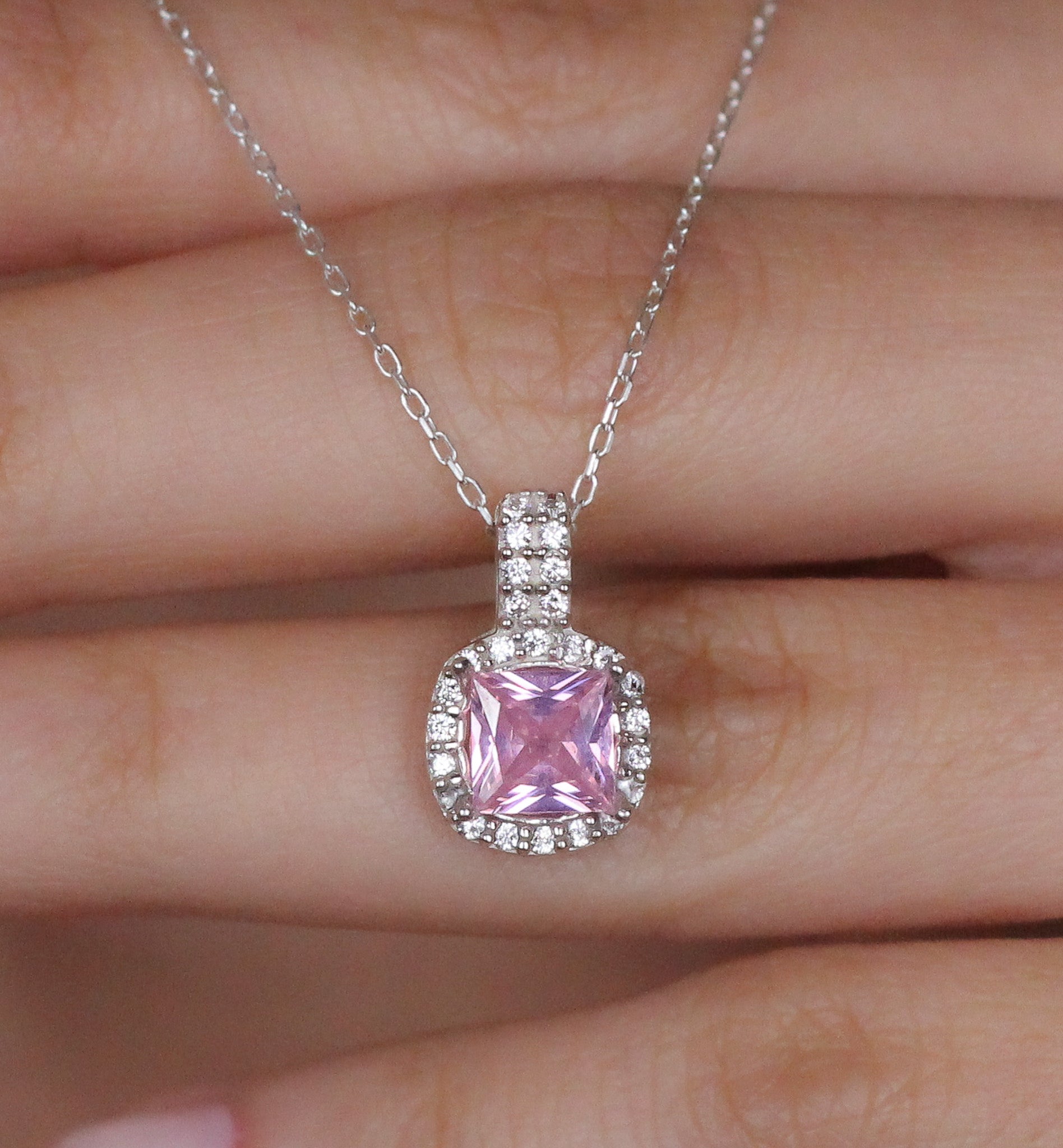 Cushion Cut CZ Pink Sapphire Pendant | Halo Necklace Gift for Her