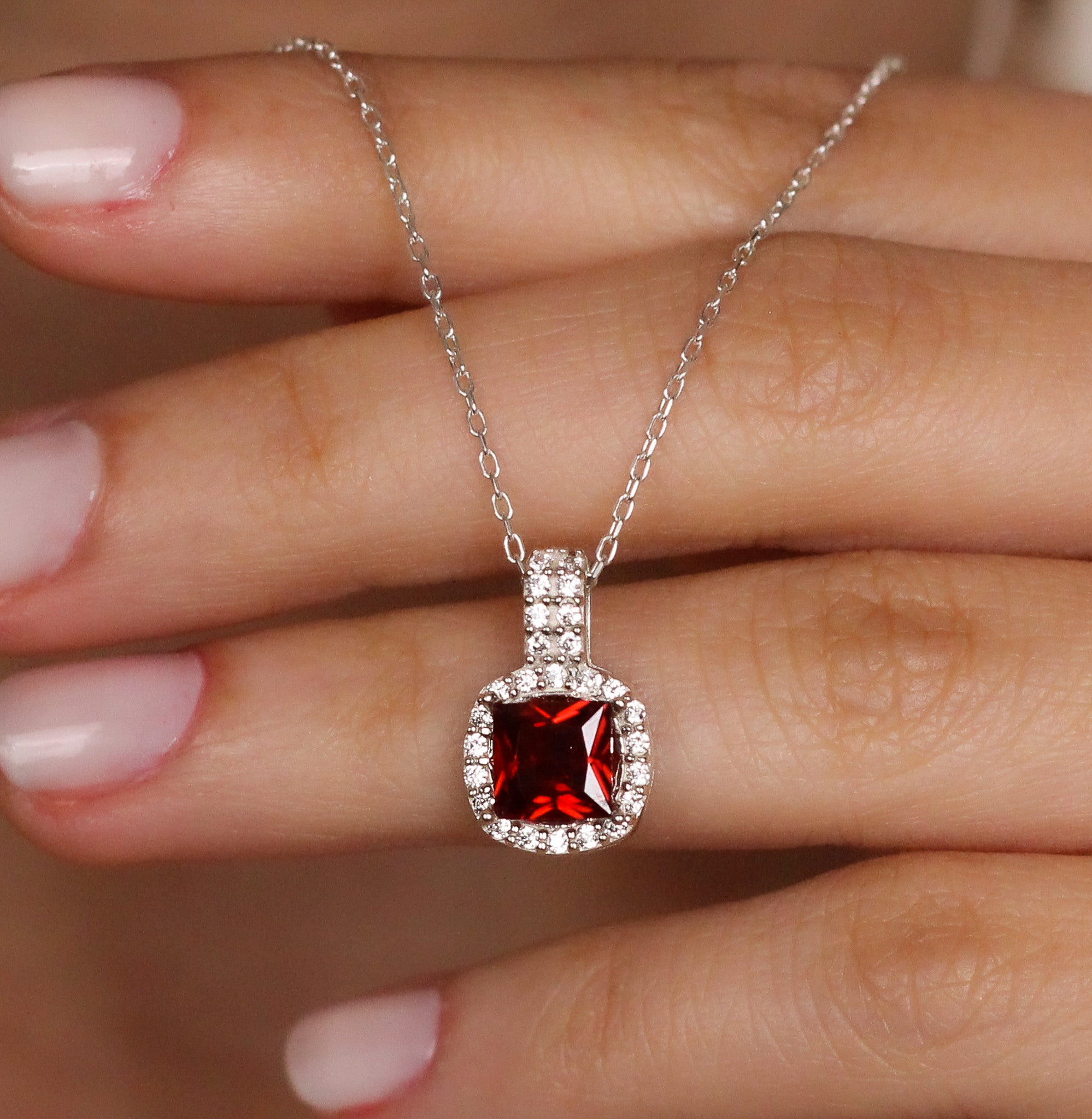 Cushion Cut CZ Ruby Pendant | Halo Necklace Gift for Her