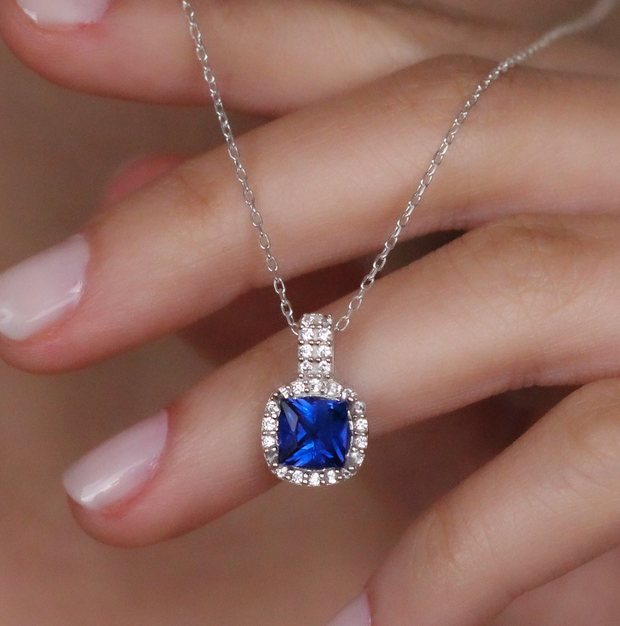 Cushion Cut CZ Sapphire Pendant | Halo Necklace Gift for Her