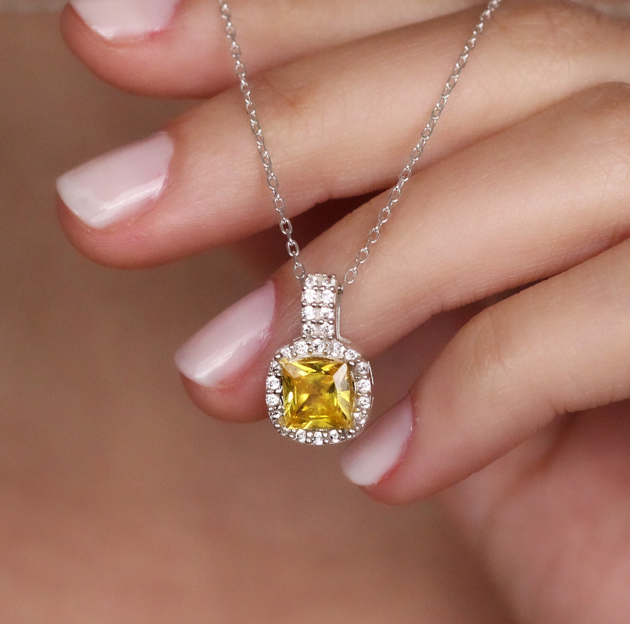 Cushion Cut CZ Yellow Sapphire Pendant | Halo Necklace Gift for Her