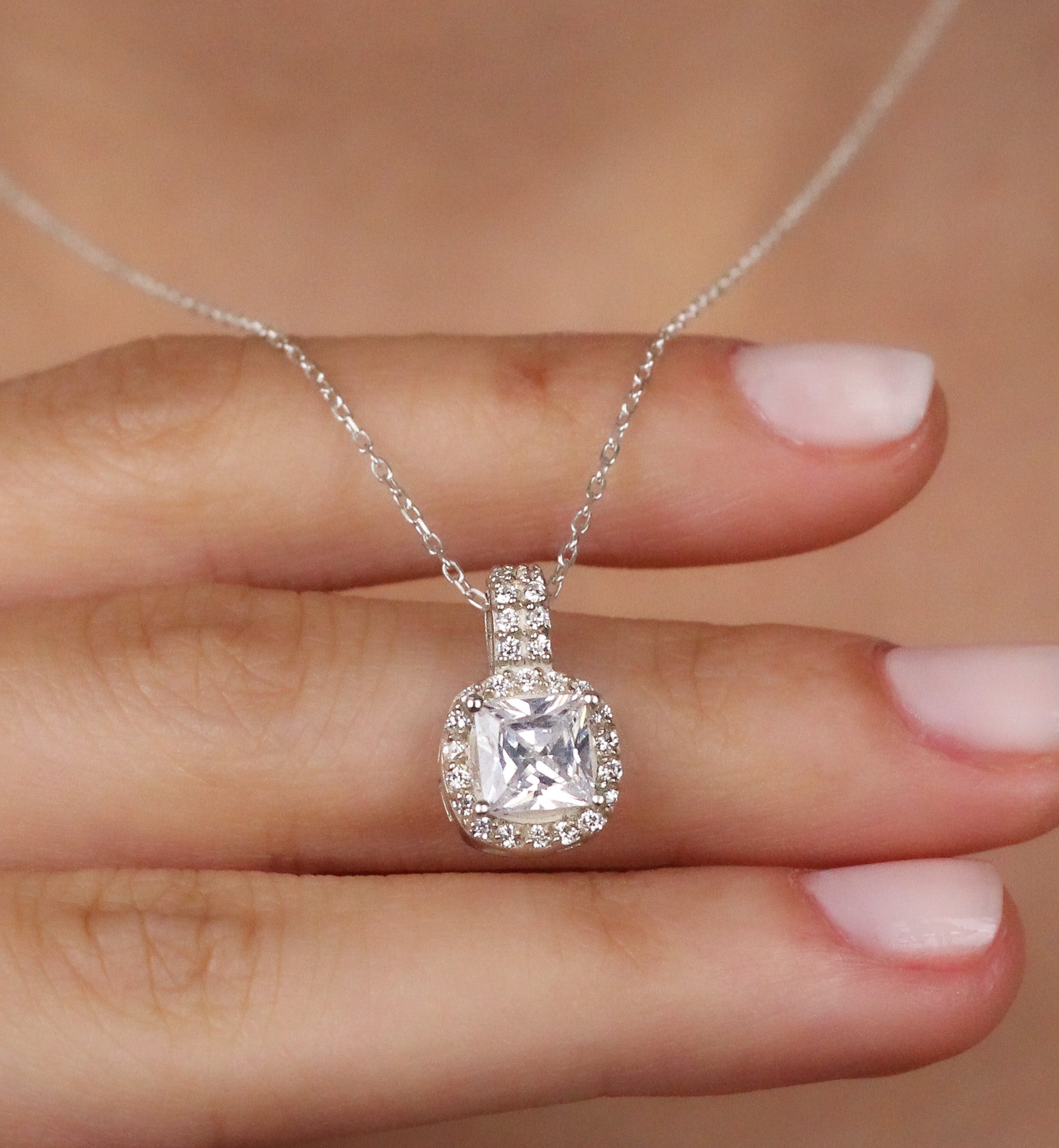 Natural London CZ Diamond Pendant | Cushion Cut Halo CZ Diamond Necklace | Delicate Wedding Pendant