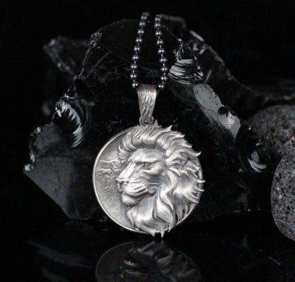 925 Sterling Silver Regal Lion Medallion Necklace | Bold Majestic Lion Medallion Necklace