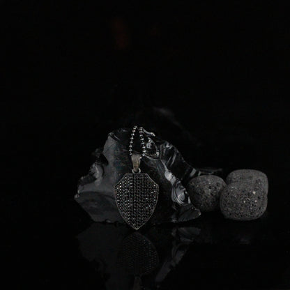 925K Silver Shield Men Necklace, Black Stone Men Pendant