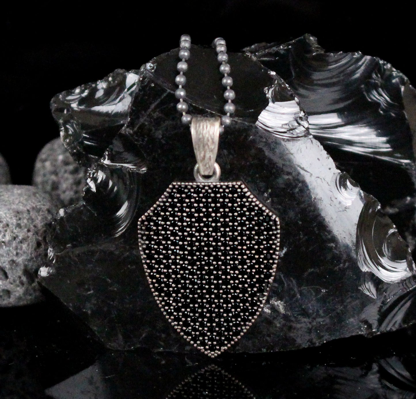 925K Silver Shield Men Necklace, Black Stone Men Pendant