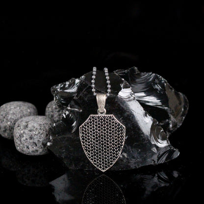 925K Silver Shield Men Necklace, Black Stone Men Pendant