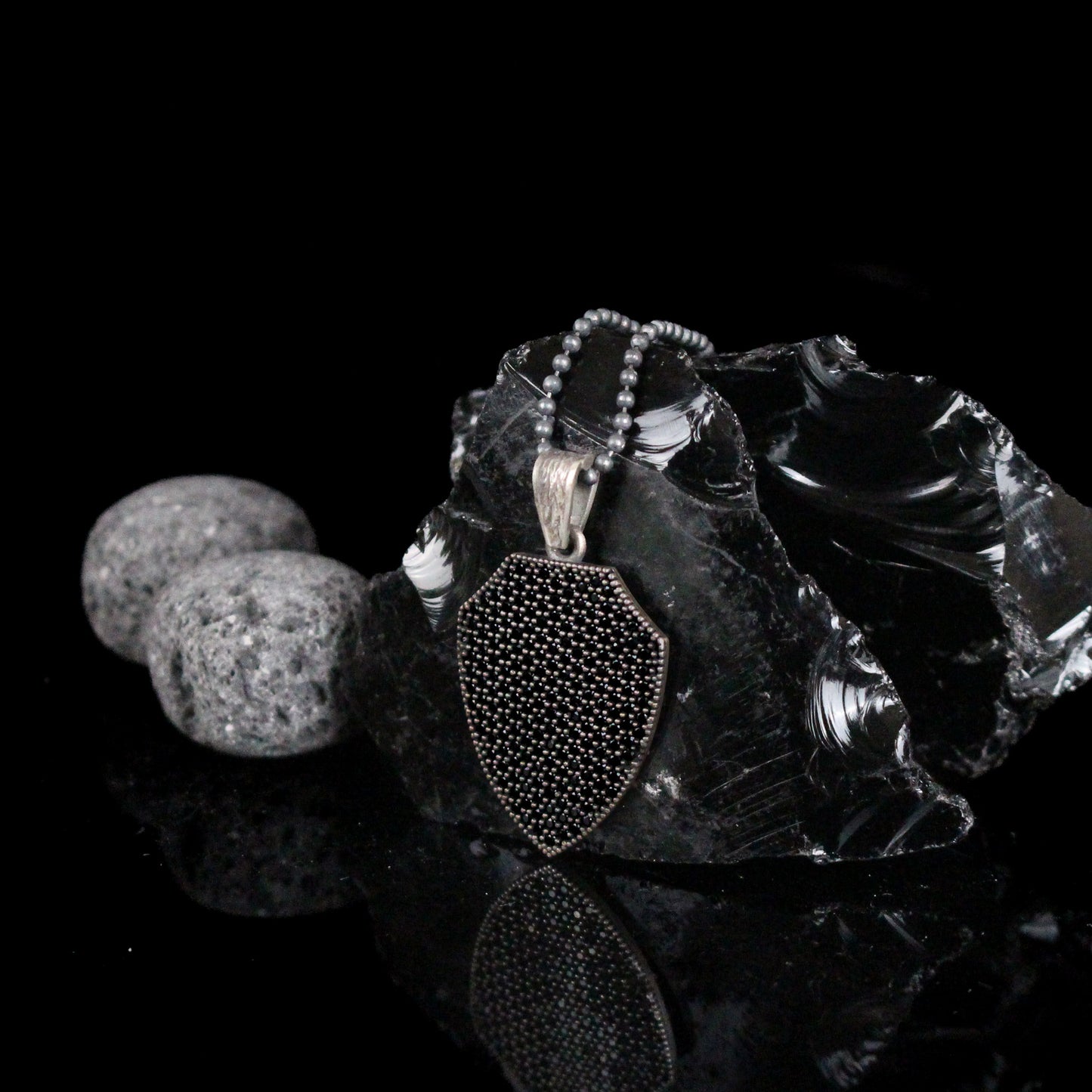 925K Silver Shield Men Necklace, Black Stone Men Pendant