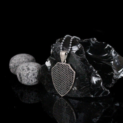 925K Silver Shield Men Necklace, Black Stone Men Pendant