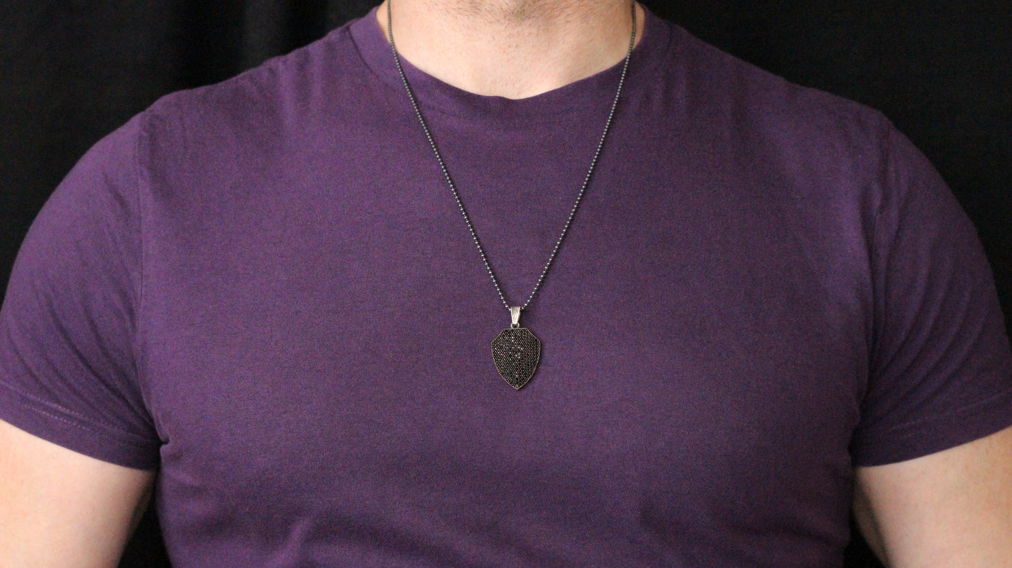 925K Silver Shield Men Necklace, Black Stone Men Pendant