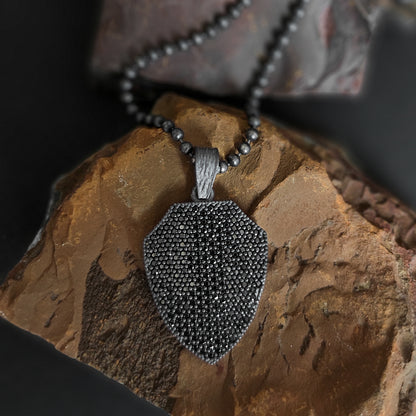 925K Silver Shield Men Necklace, Black Stone Men Pendant