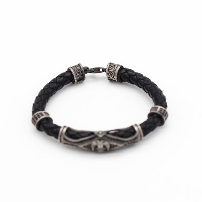 925K Sterling Silver and Leather Men's Bracelet with Double-Headed Eagle Motif | Unique Jewelry Men