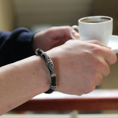 925K Sterling Silver and Leather Men's Bracelet with Double-Headed Eagle Motif | Unique Jewelry Men