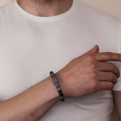 925K Sterling Silver and Leather Men's Bracelet with Double-Headed Eagle Motif | Unique Jewelry Men