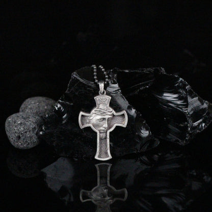 925K Sterling Silver Cross with Jesus Face Necklace | INRI Religious Necklace for Christian Men