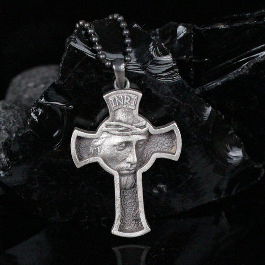 925K Sterling Silver Cross with Jesus Face Necklace | INRI Religious Necklace for Christian Men