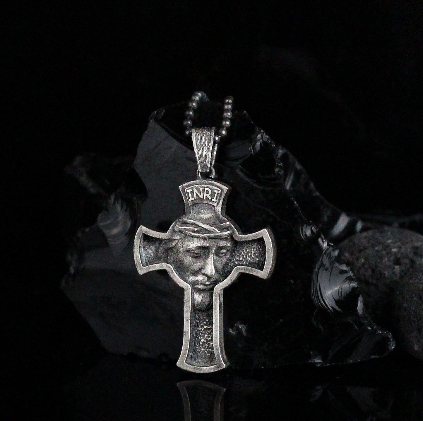 925K Sterling Silver Cross with Jesus Face Necklace | INRI Religious Necklace for Christian Men