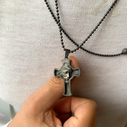 925K Sterling Silver Cross with Jesus Face Necklace | INRI Religious Necklace for Christian Men