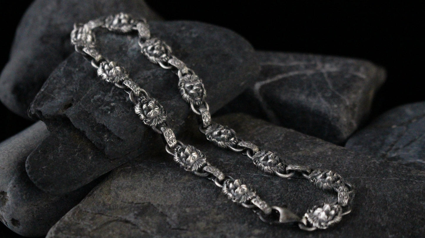 925K Sterling Silver Men's Chain Bracelet with Lion Head Motifs | Strength and Elegance Combined Jewelry