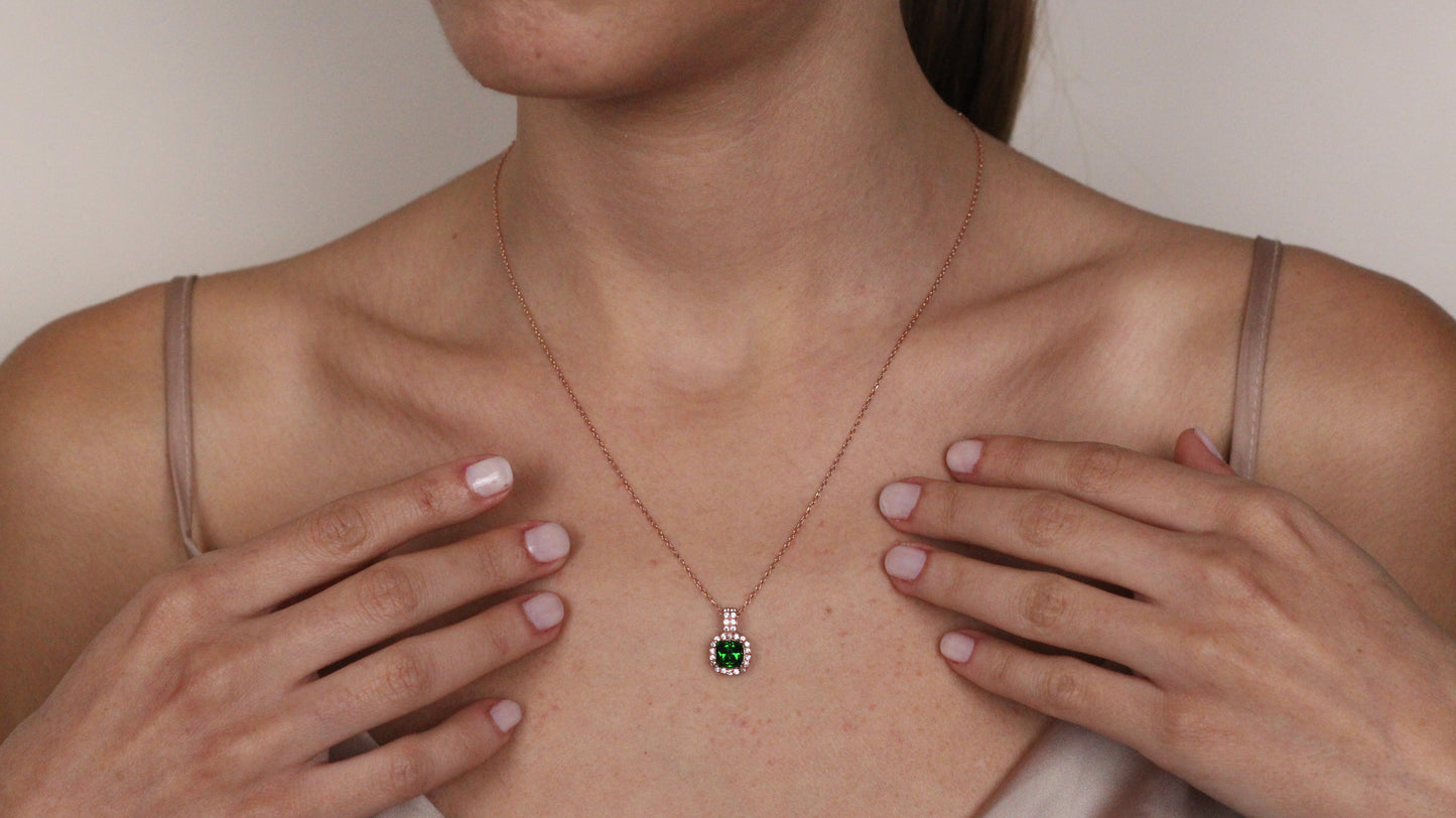 Cushion Cut CZ Emerald Pendant | Halo Necklace | Gift for Her