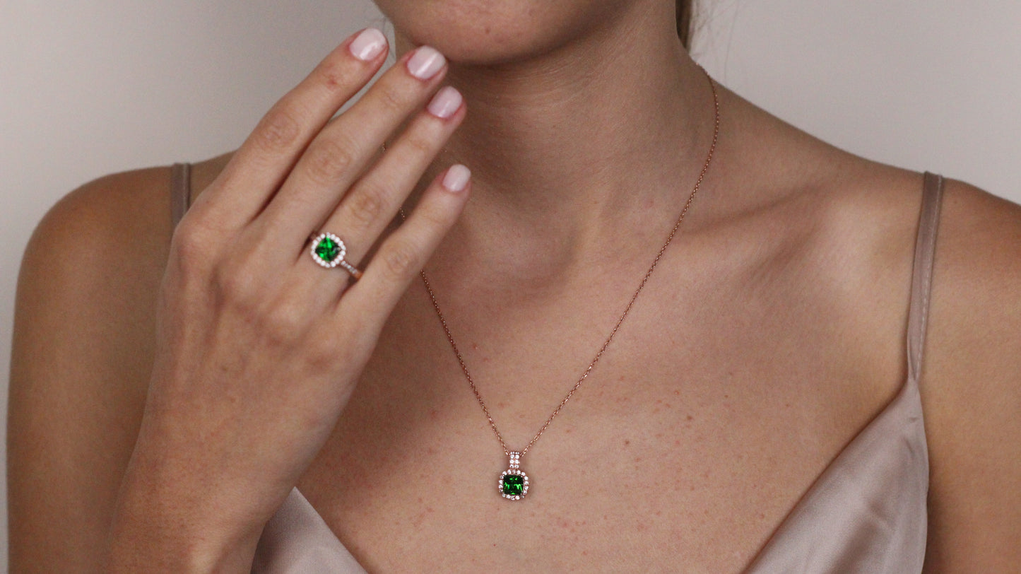 Cushion Cut CZ Emerald Pendant | Halo Necklace | Gift for Her