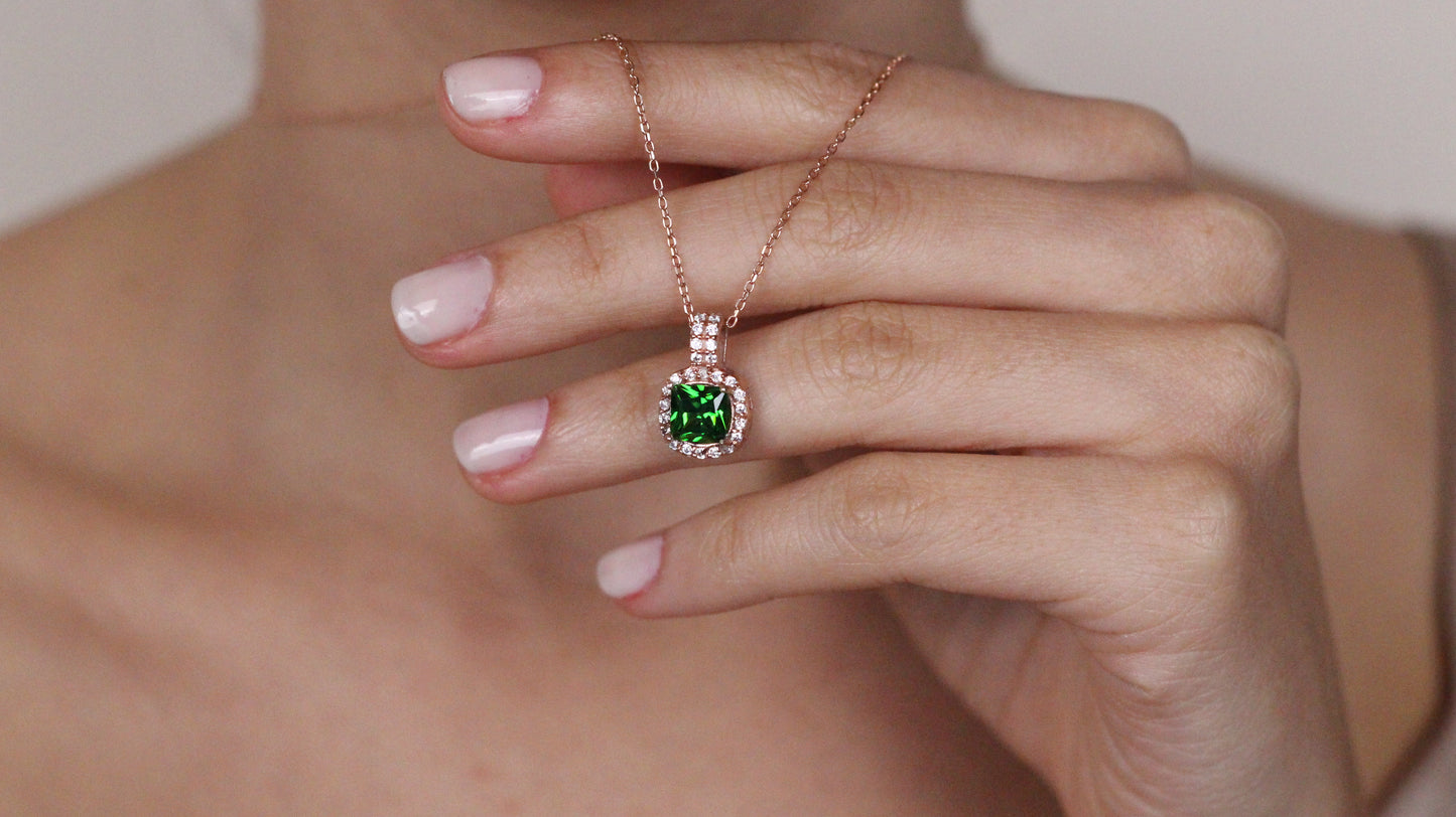 Cushion Cut CZ Emerald Pendant | Halo Necklace | Gift for Her