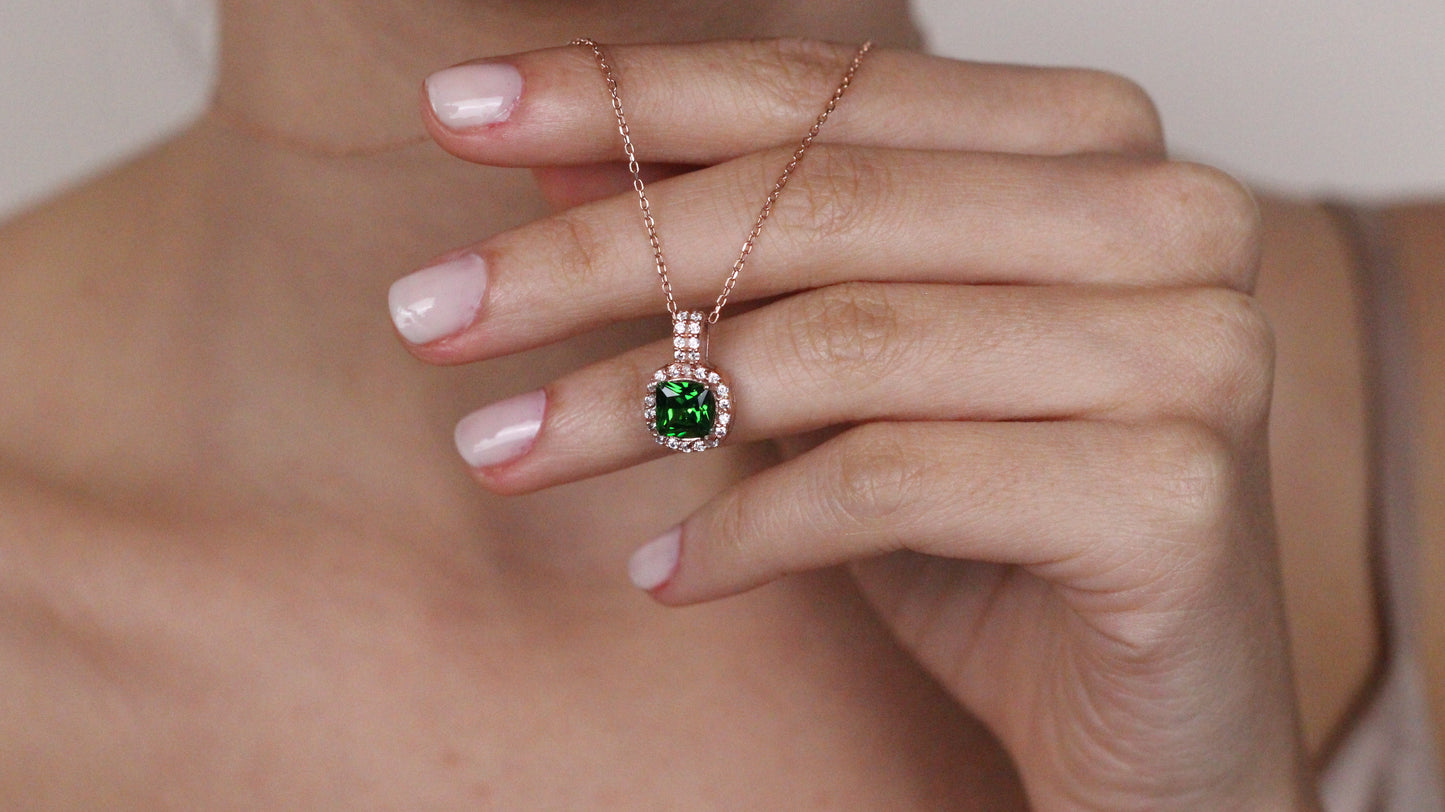 Cushion Cut CZ Emerald Pendant | Halo Necklace | Gift for Her