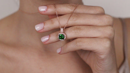 Cushion Cut CZ Emerald Pendant | Halo Necklace | Gift for Her