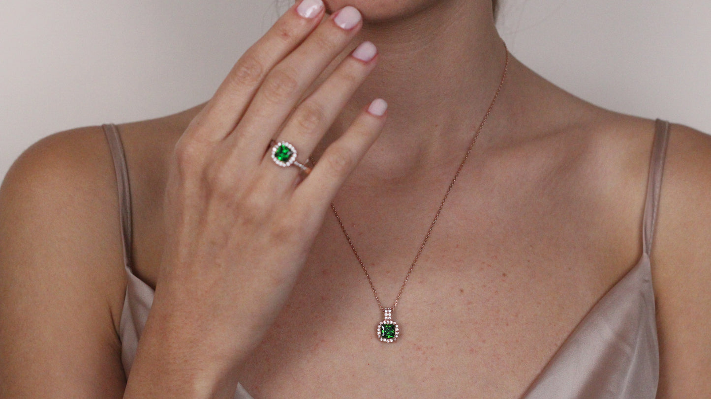 Cushion Cut CZ Emerald Pendant | Halo Necklace | Gift for Her