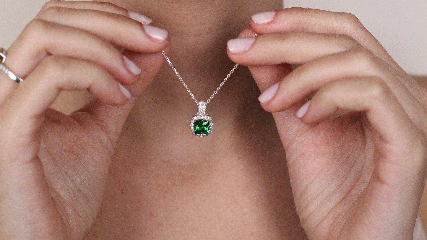 Cushion Cut CZ Emerald Pendant | Halo Necklace | Gift for Her