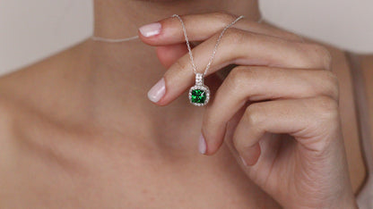 Cushion Cut CZ Emerald Pendant | Halo Necklace | Gift for Her