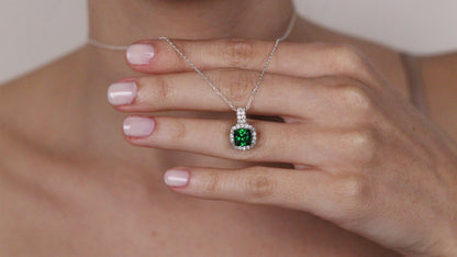 Cushion Cut CZ Emerald Pendant | Halo Necklace | Gift for Her