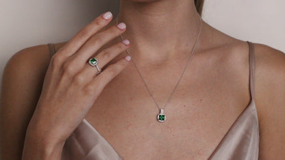 Cushion Cut CZ Emerald Pendant | Halo Necklace | Gift for Her