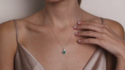 Cushion Cut CZ Emerald Pendant | Halo Necklace | Gift for Her