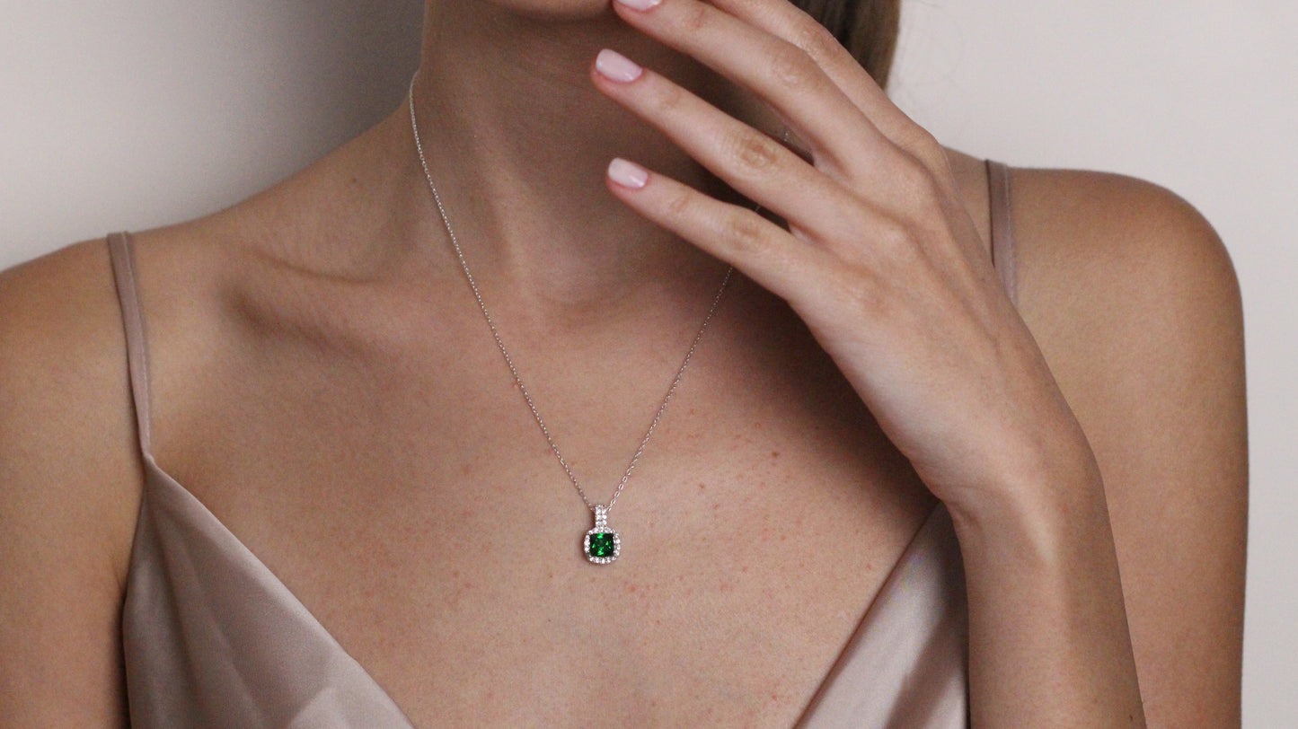 Cushion Cut CZ Emerald Pendant | Halo Necklace | Gift for Her