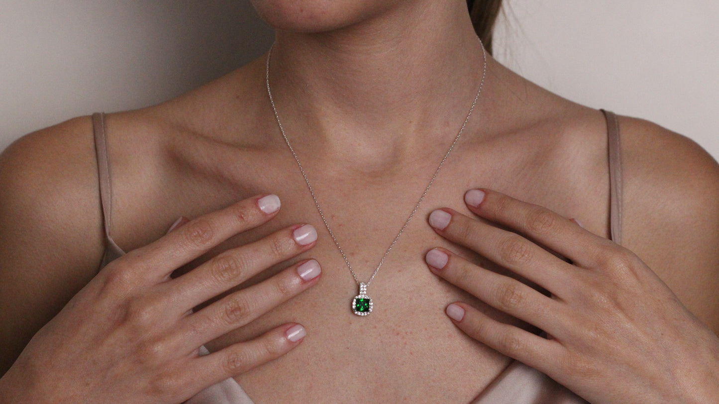 Cushion Cut CZ Emerald Pendant | Halo Necklace | Gift for Her