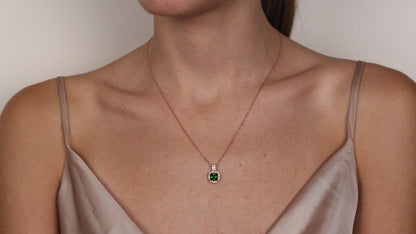 Cushion Cut CZ Emerald Pendant | Halo Necklace | Gift for Her