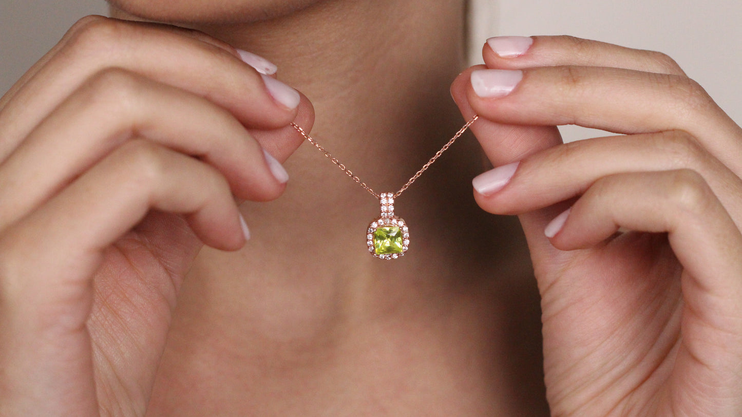 Cushion Cut CZ Green Sapphire Pendant | Halo Necklace | Gift for Her