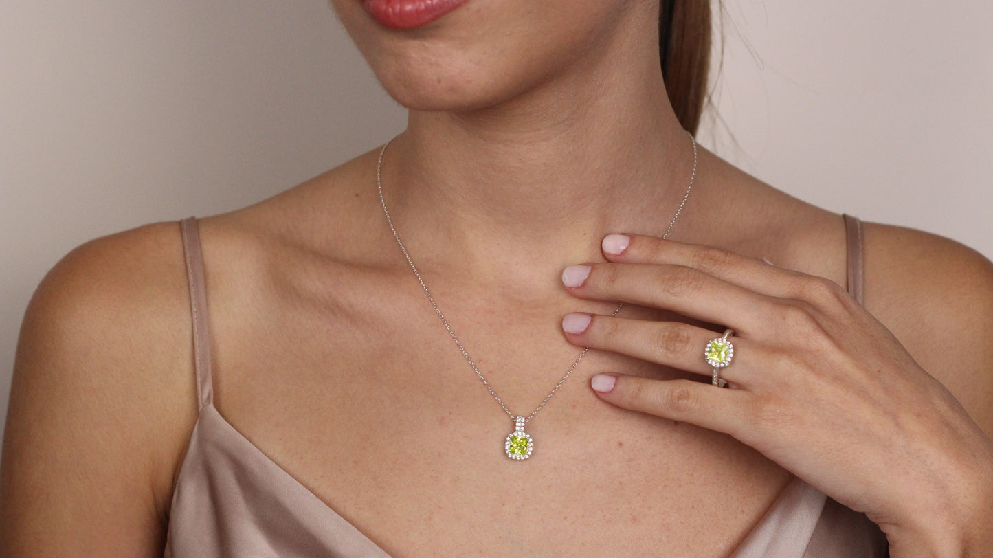 Cushion Cut CZ Green Sapphire Pendant | Halo Necklace | Gift for Her