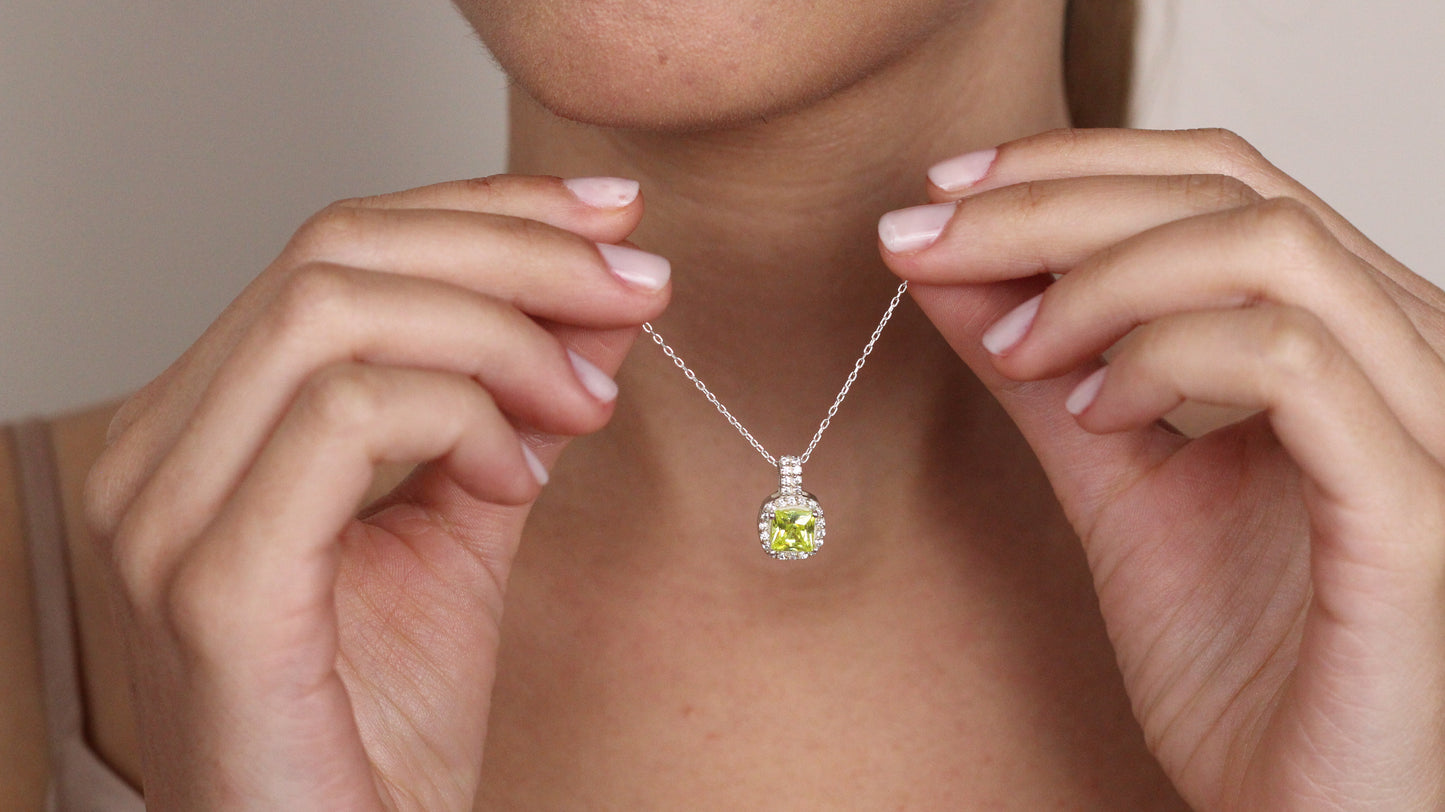 Cushion Cut CZ Green Sapphire Pendant | Halo Necklace | Gift for Her