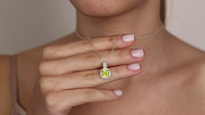 Cushion Cut CZ Green Sapphire Pendant | Halo Necklace | Gift for Her