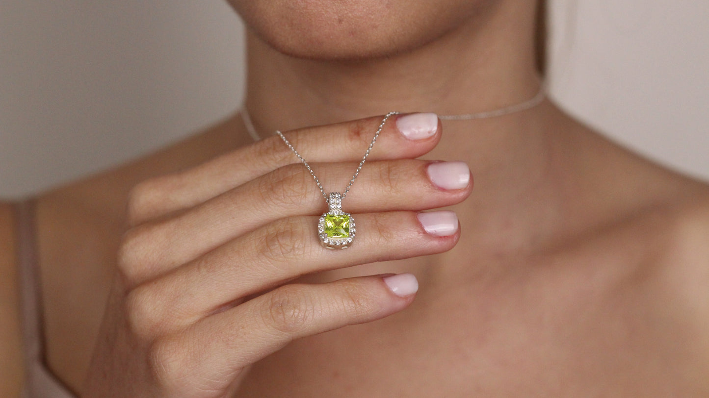 Cushion Cut CZ Green Sapphire Pendant | Halo Necklace | Gift for Her