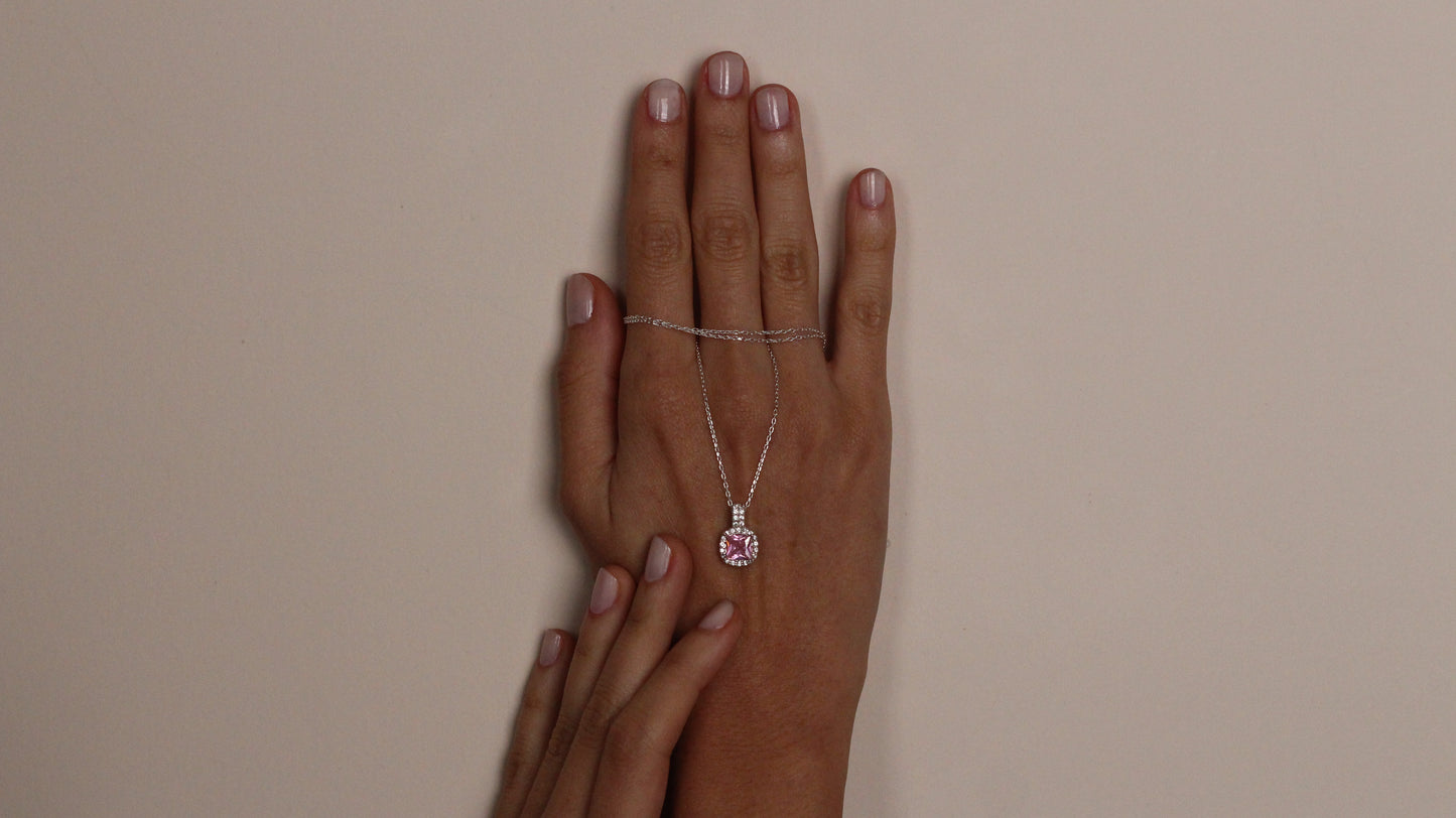 Cushion Cut CZ Pink Sapphire Pendant | Halo Necklace Gift for Her