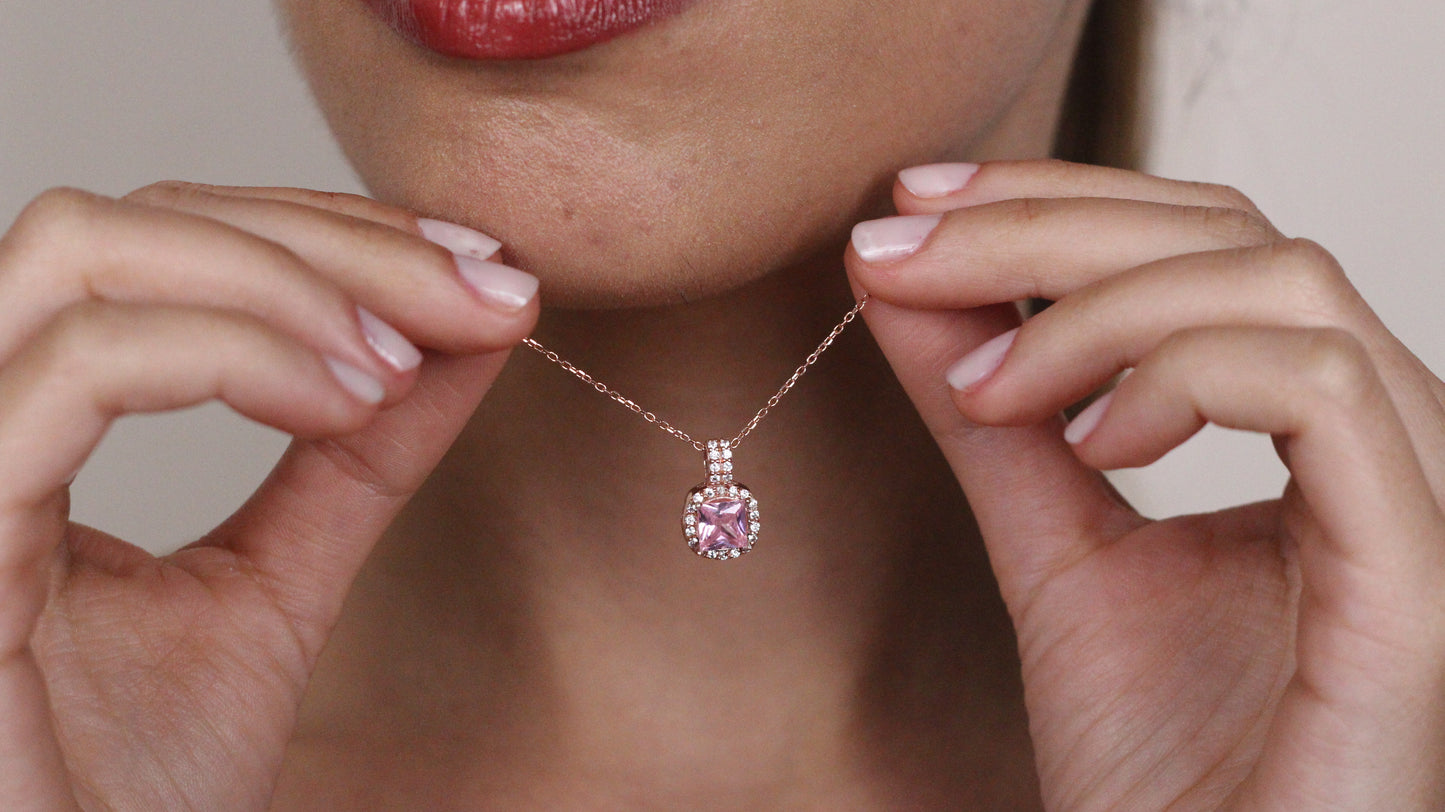 Cushion Cut CZ Pink Sapphire Pendant | Halo Necklace Gift for Her