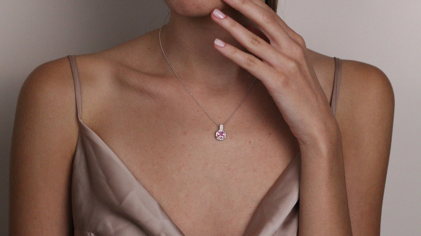 Cushion Cut CZ Pink Sapphire Pendant | Halo Necklace Gift for Her