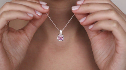 Cushion Cut CZ Pink Sapphire Pendant | Halo Necklace Gift for Her