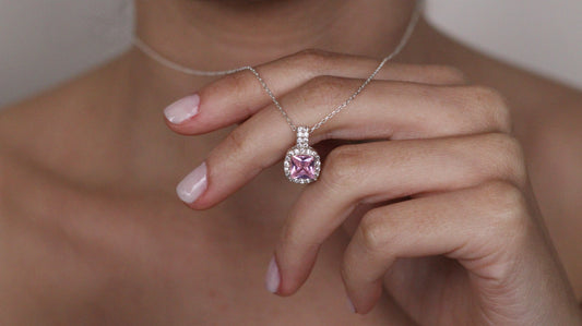 Cushion Cut CZ Pink Sapphire Pendant | Halo Necklace Gift for Her