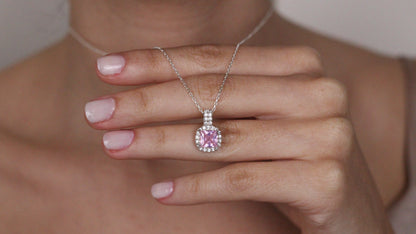 Cushion Cut CZ Pink Sapphire Pendant | Halo Necklace Gift for Her